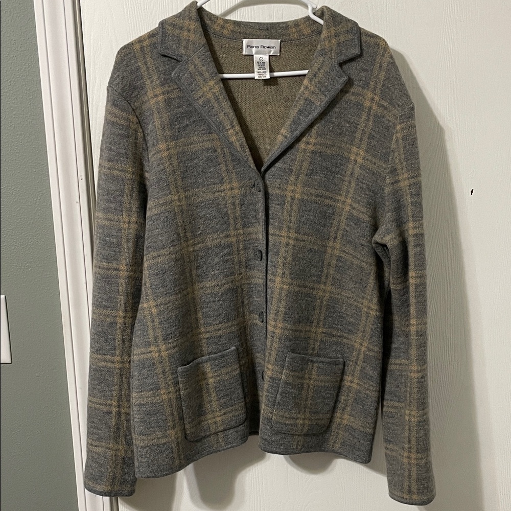 Rena Rowan Vintage 100% Wool Plaid Sweater Jacket Button Down Tan & Gray Large - Picture 1 of 9